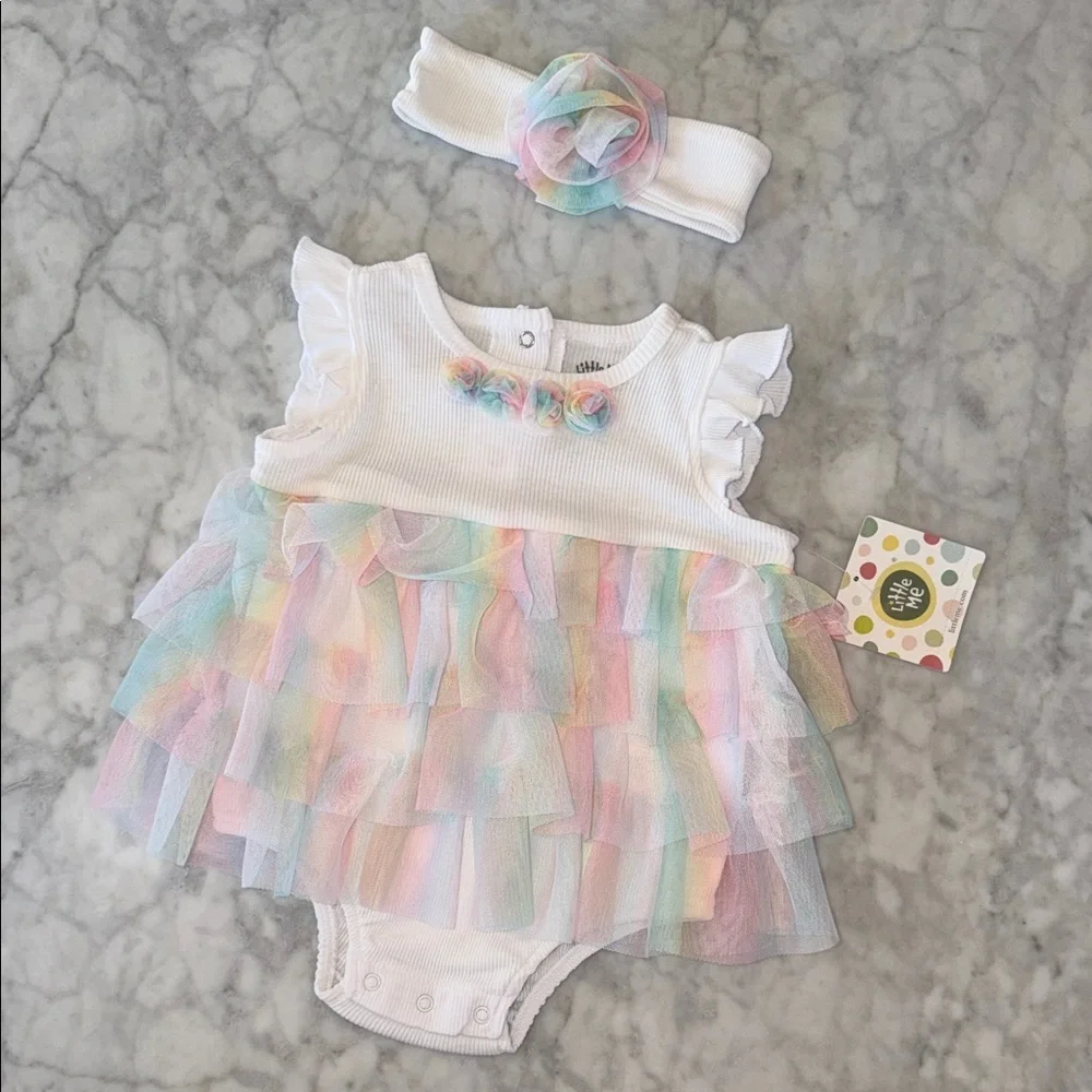NWT Little Me Pastel Tulle Baby Dress with Headband